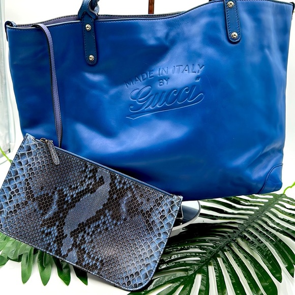 Gucci Handbags - GUCCI Electric Blue All Leather Tote and Python Wristlet